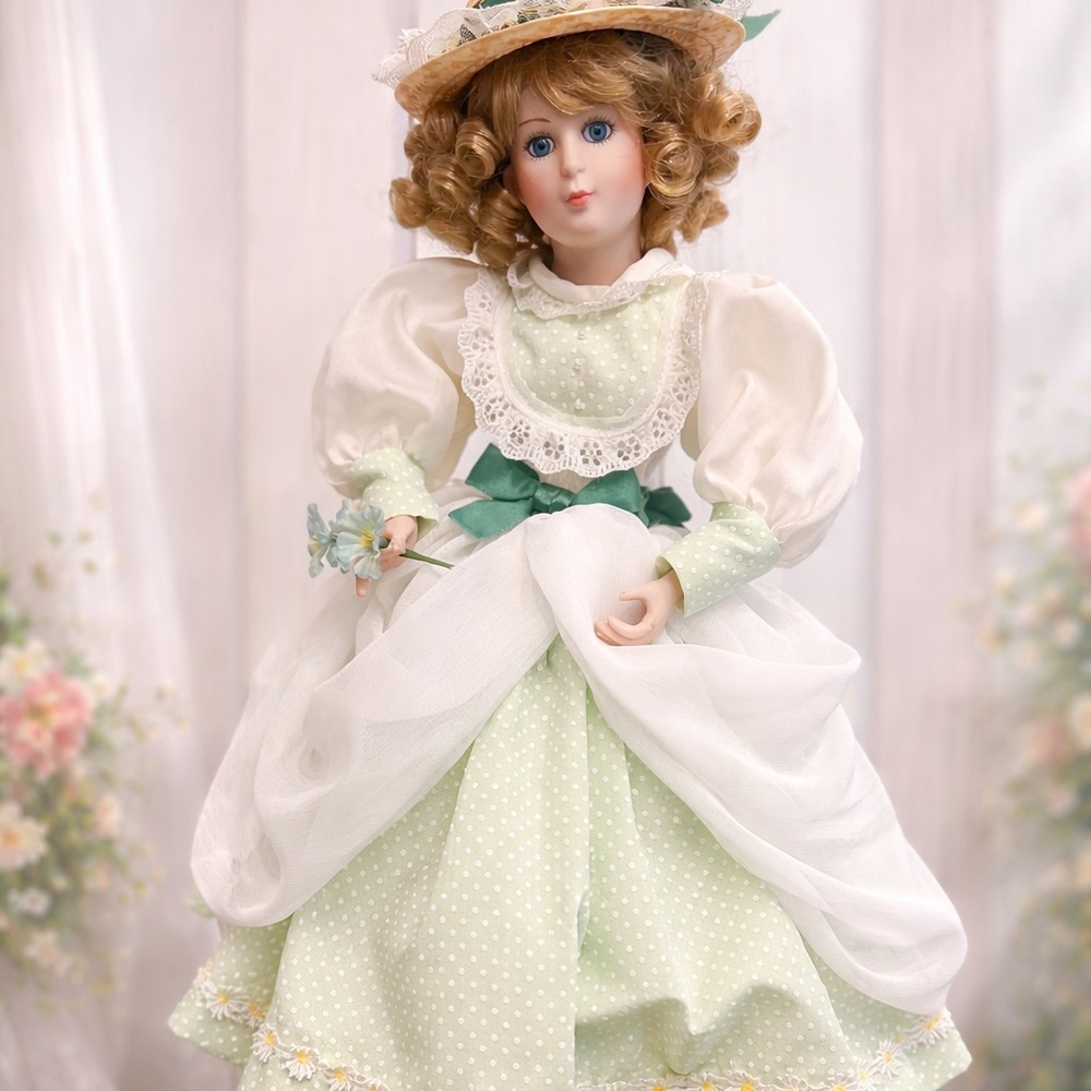 Elegant Green and White Porcelain Doll